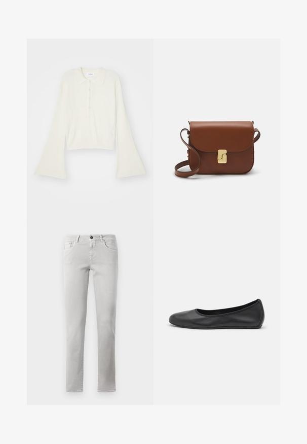 Tricou polo cu nervuri, de culoare crem, cu mâneci lungi și evazate, și clapetă cu cinci nasturi. Prezentă un guler cu o textură moale.; Blugi din denim gri deschis, cu un design drept pe picioare, talie standard, un buzunar frontal cu un buton ascuns și detalii minime de cusătură.; Balerini din piele neagră, cu vârf rotund, textură netedă, detalii de cusătură minimale și un design al tălpii flexibil.; Geantă de piele maro cu închidere tip capac, accesorii de culoare aurie, curea de umăr și o textură netedă. Formă compactă și rectangulară.