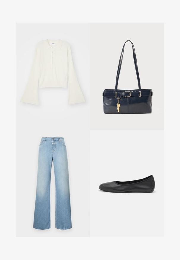 Prążkowana, kremowa koszulka polo z długimi, rozszerzającymi się rękawami i zapięciem na pięć guzików. Posiada kołnierz o miękkiej fakturze.; Jasnoniebieskie dżinsy w szerokim kroju, wykonane z denimu, z wysokim stanem, pięcioma kieszeniami i zapięciem na guzik. Gładka tekstura z wyblakłymi detalami.; Czarne skórzane baletki z zaokrąglonym noskiem, gładką fakturą, minimalnymi przeszyciami i elastycznym designem podeszwy.; Granatowa skórzana torebka z dwoma długimi uchwytami, detalem w postaci klamry oraz dołączonym breloczkiem. Charakteryzuje się gładką teksturą i prostokątnym kształtem.