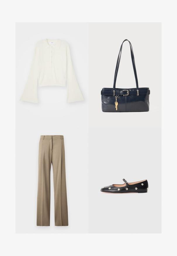 Csíkozott, krém színű pólóing hosszú, bővülő ujjakkal és öt gombos nyakkivágással. Puha tapintású gallérral rendelkezik.; Széles lábú nadrág világosbarna anyagból. Simaság jellemzi, precízen vasalt redők és lapos elülső derékvonal jellemzi.; Fekete bőr Mary Jane lapossarkú cipő, lekerekített orral, ezüst színű kör alakú szegecsekkel és állítható pánttal, csattal.; Sötétkék bőr kézitáska két hosszú fogantyúval, csattal díszítve és kulcstartóval. Simává polírozott textúrával és téglalap alakú dizájnnal rendelkezik.