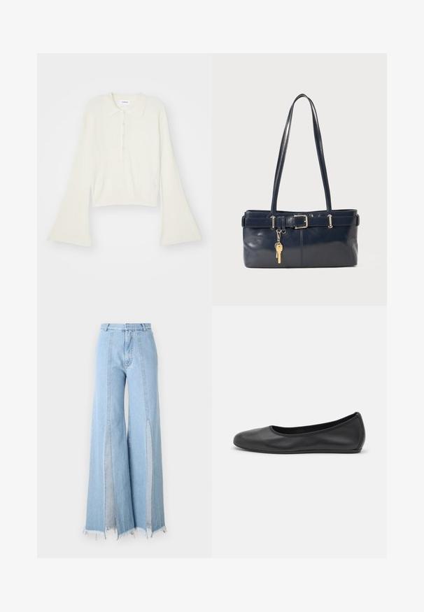 Kortsirkli, kreemivärvi polosärk, millel on pikad, laiendatud varrukad ja viis nööpi. Omab pehme tekstuuriga kraed.; Heledad sinine laiade sääreline teksad kõrge vöökohaga, külgsongade ja toore servaga. Valmistatud denimist kontrastsetest õmblustest detailidega.; Musthave mustika tantsutossud mustast nahast, ümmarguse varbaga, siledast tekstuurist, minimaalse õmblusdetailiga ja paindliku tallakujundusega.; Tumedast nahast käekott kahe pika käepidemega, pandla detailiga ja võtmehoidjaga. Omab siledat tekstuuri ja ristkülikukujulist vormi.