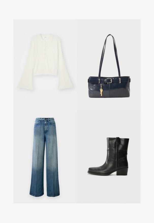 Hladký krémový polo tričko s dlouhými rozevlátými rukávy a páskou s pěti knoflíky. Obsahuje límeček s jemnou texturou.; Světle modré, široké džíny vyrobené z denimu. Mají vysoký pas, klasický pětikapsový design a vybledlý gradient od tmavé k světle.; Černá kožená kotníková bota s kulatou špičkou, blokovým podpatkem, bočním zipem a prošíváním na svršku. Hladký povrch, klasický design.; Námořnická kožená kabelka s dvěma dlouhými uchy, detaily s přezkou a připevněným klíčenkou. Vyznačuje se hladkým povrchem a obdélníkovým tvarem.