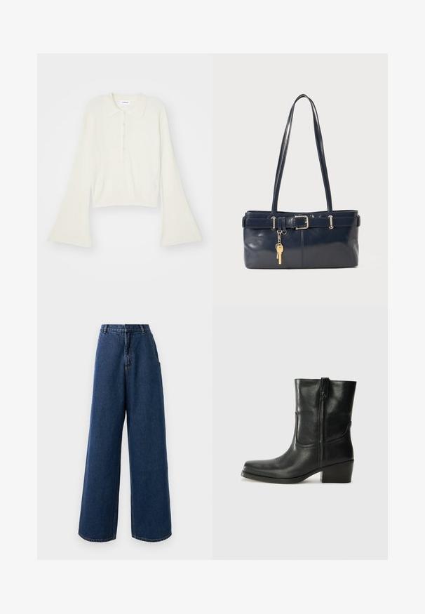 Ribotas, kreminės spalvos polo marškinėliai su ilgomis, platėjančiomis rankovėmis ir penkiais sagų užsegimais. Apykaklė turi švelnų tekstūrą.; Tamsiai mėlynos džinsinės kelnės su aukštu liemeniu ir plačiomis kojomis, su priekiniu mygtuku ir užtrauktuku, diržo kilpos ir šoninės kišenės.; Juodi odiniai aulinukai iki kulkšnies su apvali nosimi, blokuotais kulnais, šonine užtrauktuku ir siuvimo akcentais ant viršutinės dalies. Lygi tekstūra, klasikinis dizainas.; Jūrinės odos rankinė su dviem ilgais rankenomis, sagties detalė ir pridėtas raktų pakabukas. Turi lygią tekstūrą ir stačiakampio formą.