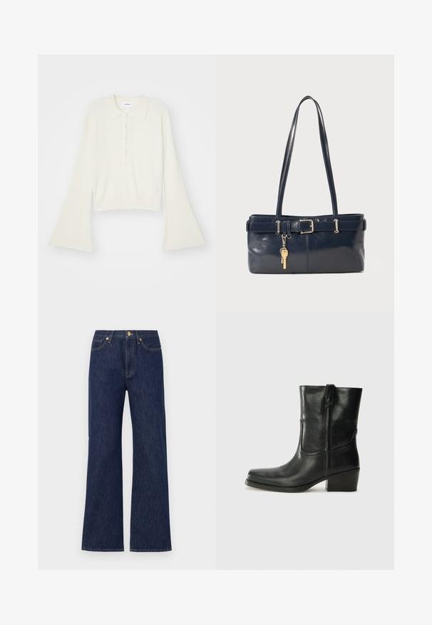Ribbed, cream-colored polo shirt with long, flare sleeves and five button placket. Features a collar with a soft texture.; Dark blue wide-leg jeans made of denim. Features a button closure, front pockets, and contrasting stitching. Clean, classic design.; Black leather ankle boot with a rounded toe, block heel, side zipper, and stitching accents on the vamp. Smooth texture, classic design.; Navy leather handbag with two long handles, a buckle detail, and a keychain attached. Features a smooth texture and a rectangular shape.