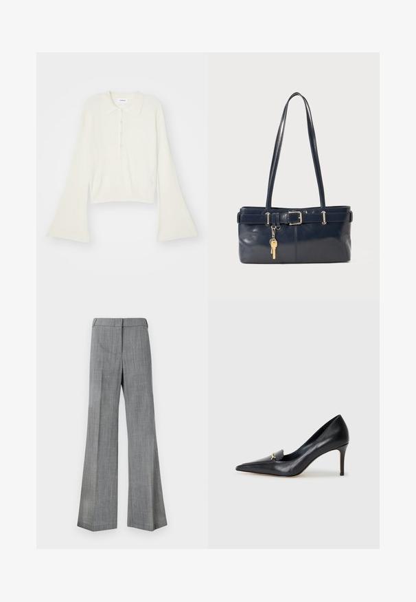 Ribovaný krémový polo tričko s dlhými rozpätými rukávmi a päťtlačidlovou légou. Obsahuje golier s jemnou textúrou.; Sivé široké nohavice vyrobené z textúrovanej látky, vybavené hladkým pásom a jemným prúžkovaným vzorom.; Čierne kožené lodičky s špicatou špičkou, nízkym vampom a dekoratívnym zlatým akcentom. Majú podpätok typu stiletto a hladký povrch.; Námornícka kožená kabelka s dvoma dlhými uchami, detailom s prackou a pripojeným kľúčovým držiakom. Má hladkú textúru a obdĺžnikový tvar.