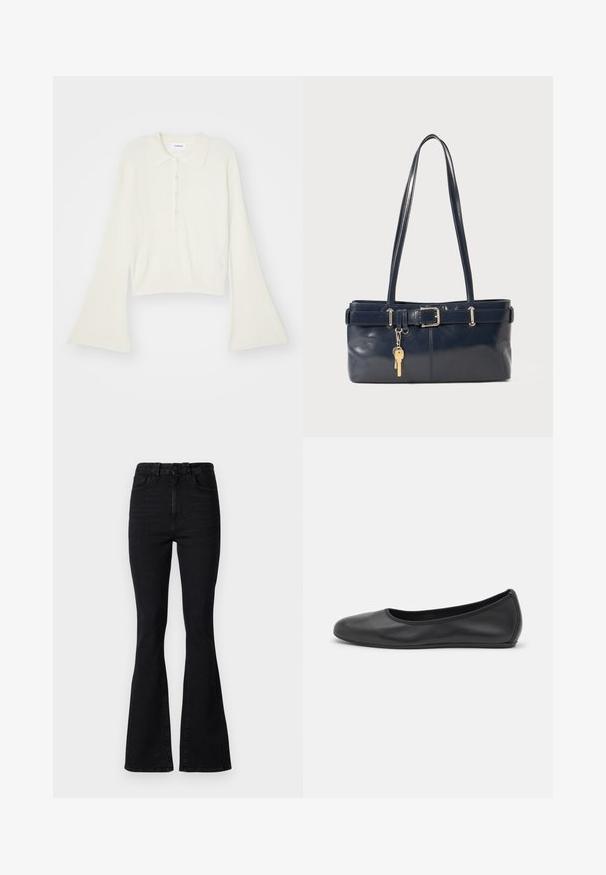 Raitaleva, kerma värinen polo-paita pitkillä, levenevillä hihoilla ja viiden napin listalla. Varustettu pehmeätekstuurisella kauluksella.; Mustat leveälahkeiset farkut korkealla vyötäröllä, valmistettu denimestä. Ominaisuuksiin kuuluvat nappikiinnitys, viiden taskun muotoilu ja sileä pinta.; Musta nahkainen ballerina, jossa on pyöristetty kärki, sileä pinta, minimaalinen ommelkoristelu ja joustava pohjamuotoilu.; La handbagin sininen nahka, jossa on kaksi pitkää kahvaa, Buckle-yksityiskohta ja avaimenperä kiinnitettynä. Sen pinta on sileä ja muoto on suorakulmainen.