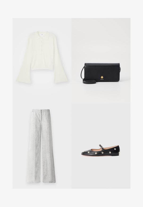 Geribbelde, crèmekleurige polo met lange, flare mouwen en een placket met vijf knopen. Beschikt over een kraag met een zachte textuur.; Lichtgrijze, wijde broek gemaakt van een gestructureerde stof met subtiele verticale lijnen. Voorzien van een rits aan de voorkant en riemlussen.; Zwarte leren Mary Jane ballerina met een ronde neus, voorzien van zilveren ronde studs en een verstelbaar bandje met een gesp.; Zwarte leren portemonnee met een slank rechthoekig formaat, voorzien van een gouden logo. Inclusief een afneembare schouderband voor draaggemak.