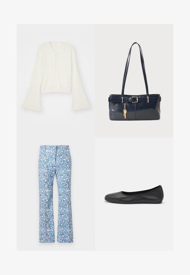 Ribbed, cream-colored polo shirt with long, flare sleeves and five button placket. Features a collar with a soft texture.; Flared pants in blue and white floral pattern, featuring a smooth fabric, a zipper fly, and two front pockets.; Black leather ballet flat with a rounded toe, smooth texture, minimal stitching detail, and a flexible sole design.; Navy leather handbag with two long handles, a buckle detail, and a keychain attached. Features a smooth texture and a rectangular shape.