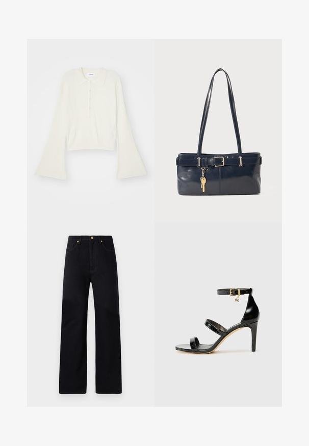Tricou polo cu nervuri, de culoare crem, cu mâneci lungi și evazate, și clapetă cu cinci nasturi. Prezentă un guler cu o textură moale.; Pantaloni din denim negru cu o croială dreaptă, având talie înaltă, cinci buzunare, accesorii aurii și detalii subtile de cusătură.; Sandale negre din piele lacuită, cu trei curele, cataramă la glezna și toc stiletto de 10 cm. Prezintă detalii din metal auriu și un charm cu logo.; Geantă de piele bleumarin cu două mânere lungi, detaliu cu cataramă și un breloc atașat. Are o textură netedă și o formă rectangulară.