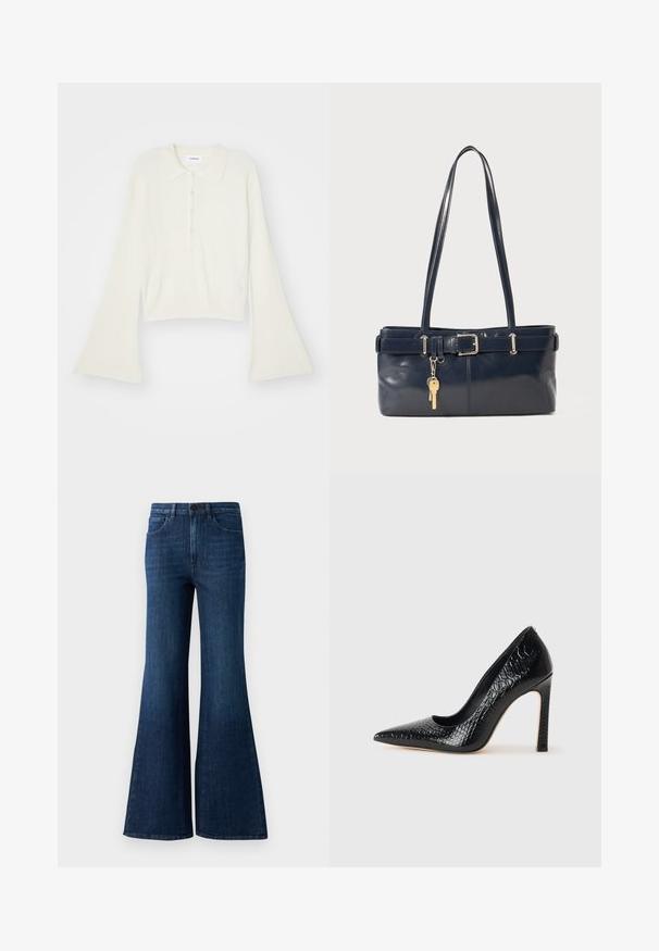 Tricou polo cu nervuri, de culoare crem, cu mâneci lungi și evazate, și clapetă cu cinci nasturi. Prezentă un guler cu o textură moale.; Jeans evazati cu talie înaltă de culoare albastru închis, cu nasture în față, fermoar și design cu cinci buzunare, pe un fundal alb.; Pantofii cu toc înalt, ascuțiți, de culoare neagră, cu textură de piele de crocodil, având un design elegant, toc în stil stiletto și interior neted de culoare neagră.; Geantă de piele bleumarin cu două mânere lungi, detaliu cu cataramă și un breloc atașat. Are o textură netedă și o formă rectangulară.
