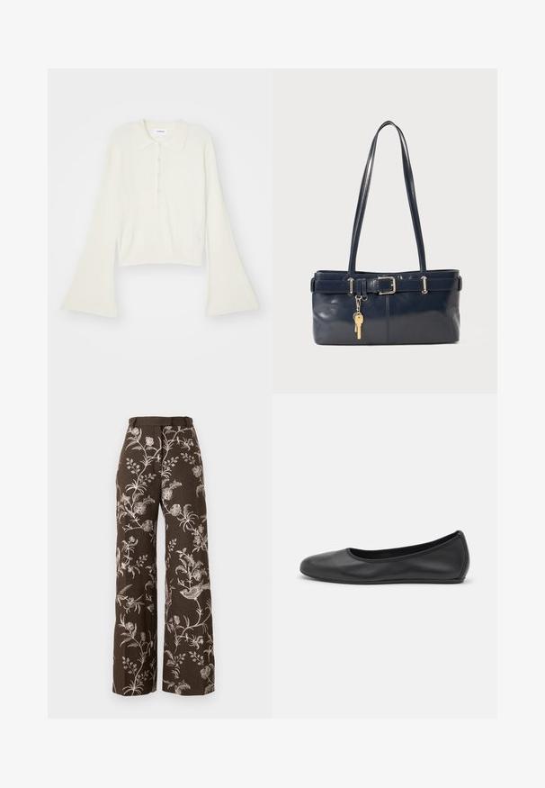Ribbet, cremefarvet polo skjorte med lange, vidde ærmer og fem knapper. Har en krave med en blød tekstur.; Paul & Joe PANTALON - Bukser - marron; Sort læderballetsko med rund tå, glat tekstur, minimal syning og et fleksibelt såldesign.; Mørkeblå læderhåndtaske med to lange håndtag, en spænde detaljer og en nøglering vedhæftet. Den har en glat tekstur og en rektangulær form.