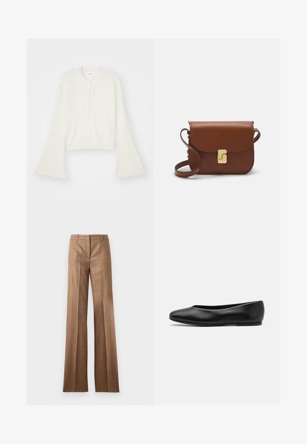 Ribbed, cream-colored polo shirt with long, flare sleeves and five button placket. Features a collar with a soft texture.; Brown plaid straight-leg trousers with belt loops and front crease on a light gray background.; Paul Smith TOPANGA - Ballet pumps - black; Brown leather handbag with a flap closure, gold-tone hardware, a shoulder strap, and a smooth texture. Compact rectangular shape.