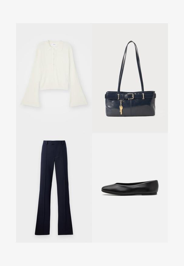 Hladký krémový polo tričko s dlouhými rozevlátými rukávy a páskou s pěti knoflíky. Obsahuje límeček s jemnou texturou.; Námořnické modré, rozšířené kalhoty vyrobené z hladkého materiálu. Mají plochý přední díl, poutek na pásek a stlačené sklady. Žádné viditelné vzory ani akcenty.; Paul Smith TOPANGA - Klasické baleríny - black; Námořnická kožená kabelka s dvěma dlouhými uchy, detaily s přezkou a připevněným klíčenkou. Vyznačuje se hladkým povrchem a obdélníkovým tvarem.