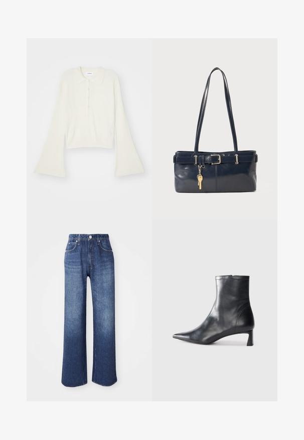 Tricou polo cu nervuri, de culoare crem, cu mâneci lungi și evazate, și clapetă cu cinci nasturi. Prezentă un guler cu o textură moale.; Blugi evazați din denim albastru, cu talie înaltă, cinci buzunare și închidere cu un buton argintiu. Materialul are o textură netedă cu un ușor efect de decolorare.; Cizmă de gleznă din piele neagră cu vârf ascuțit și un design elegant. Dispune de un toc mic și de o închidere cu fermoar la spate. Textură netedă.; Geantă de piele bleumarin cu două mânere lungi, detaliu cu cataramă și un breloc atașat. Are o textură netedă și o formă rectangulară.