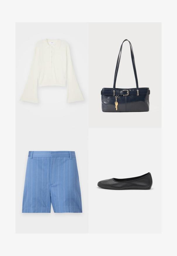 Rudmāta, krēmkrāsas polo krekls ar garām, zvana formu piedurknēm un piecu pogu aizdari. Iespējas ietver mīksta tekstūra apkakli.; Gaiši zili šorti ar baltiem vertikāliem svītrām, kuriem ir gluda tekstūra, plakana priekšpuse un standarta vidusdaļa ar jostu cilpiņām.; Melna ādas baleta kurpe ar noapaļotu purngalu, gludu tekstūru, minimālu šuvju detalizāciju un elastīgu zoles dizainu.; Jūras spēku stila ādas rokassoma ar divām garām rokturiem, ar sprādzi un pievienotu atslēgu piekariņu. Iezīmējas ar gludu tekstūru un taisnstūra formas.