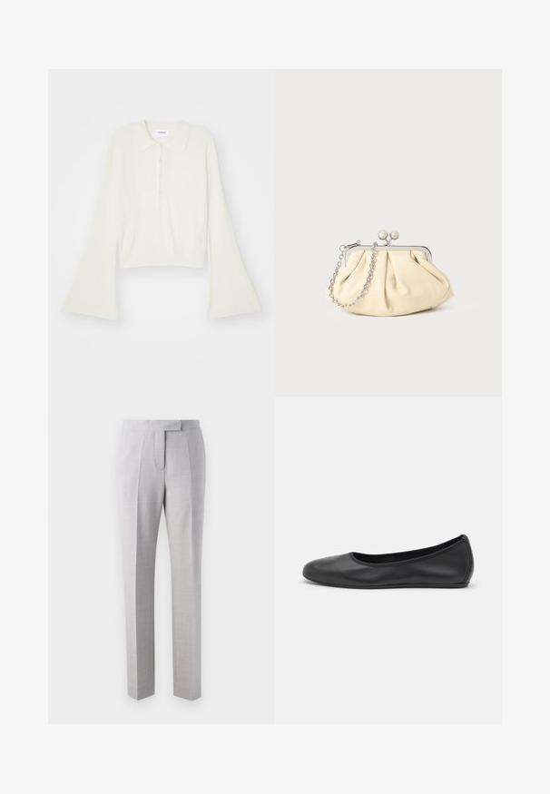 Ribotas, kreminės spalvos polo marškinėliai su ilgomis, platėjančiomis rankovėmis ir penkiais sagų užsegimais. Apykaklė turi švelnų tekstūrą.; Šviesiai pilkos pritaikytos kelnės, pagamintos iš smulkiai tekstūruoto audinio, su lygiu priekiu, klostėmis ir tiesia kojų forma. Sėdi ties juosmeniu.; Juodai odiniai baletai su apvaliu pirštu, lygi texture, minimalus siuvimo detales ir lanksčiu padų dizainu.; Plyšiniai smėlio spalvos odiniai rankinukai su sidabriniu metaliniu rėmu, turintys du apvalius dekoratyvinius užtrauktukus ir sidabrinę grandinėlę.