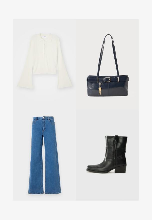 Rudmāta, krēmkrāsas polo krekls ar garām, zvana formu piedurknēm un piecu pogu aizdari. Iespējas ietver mīksta tekstūra apkakli.; Platas kāju zilo džinsu bikses ar augstu jostasvietu, priekšējiem kabatām un pogu aizdari. Audumam ir gluda tekstūra un klasiska dūriena raksts.; Melna ādas potīte ar noapaļotu purngalu, bloku papēdi, sānu rāvējslēdzēju un šuvju akcentiem uz virsmas. Gluda tekstūra, klasiskā dizaina.; Jūras spēku stila ādas rokassoma ar divām garām rokturiem, ar sprādzi un pievienotu atslēgu piekariņu. Iezīmējas ar gludu tekstūru un taisnstūra formas.