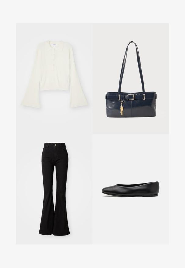 Polo shirt a coste di colore crema con maniche lunghe e svasate e placket con cinque bottoni. Presenta un colletto con una texture morbida.; Jeans neri a palazzo in denim, con vita alta, chiusura a bottone e design classico a cinque tasche. Texture liscia e colore uniforme.; Paul Smith TOPANGA - Ballerine - black; Borsa a mano in pelle blu con due manici lunghi, un dettaglio con fibbia e un portachiavi attaccato. Presenta una texture liscia e una forma rettangolare.
