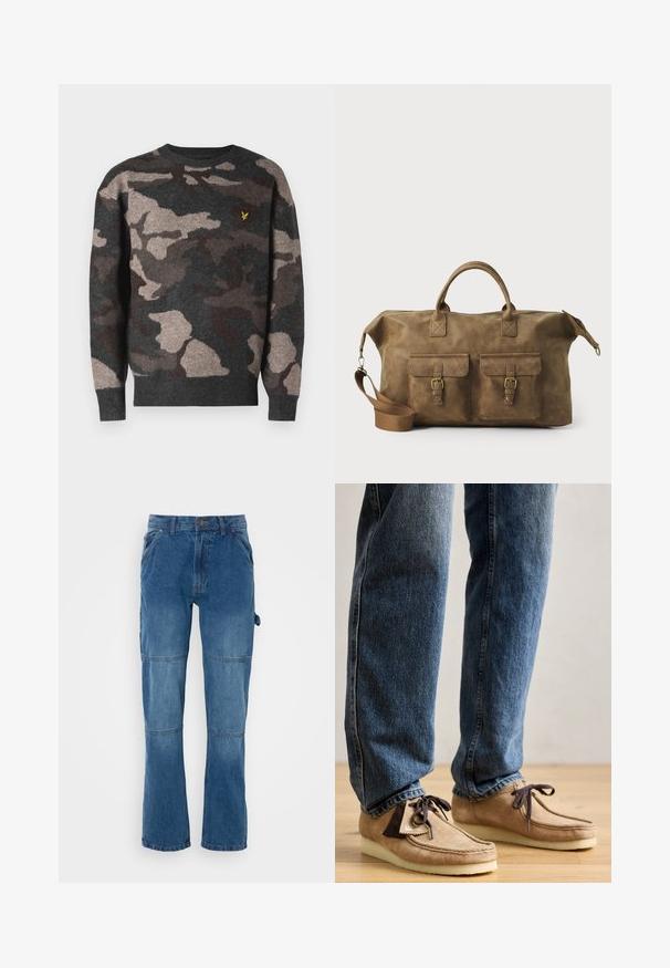 Camo-patterned sweater in grey, brown, and beige. Made of soft knit material with a crew neckline and ribbed cuffs. Features a small logo.; Blue denim pants with a straight leg design, featuring seam detailing and a button closure. Fabric shows a faded wash with a smooth texture.; Suede moccasins in tan with dark brown accent, rounded toe, and plush white sole. Features lace-up design and stitched detailing.; Brown leather duffel bag with two front pockets, adjustable shoulder strap, gold hardware, and sturdy top handles. Smooth texture.