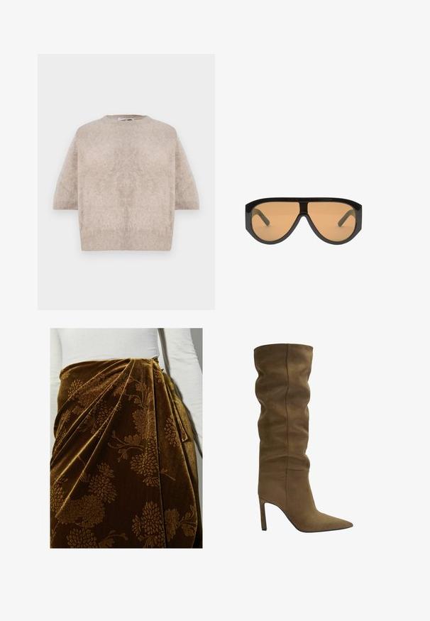Bežový sveter s krátkym rukávom vyrobený z mäkkého, chlpatého materiálu. Má okrúhly výstrih a uvoľnený strih s rebrovanými okrajmi.; Krátke rukávy, svetlo krémový top s okrúhlym výstrihom, vyrobený z mäkkej tkaniny. Má voľný strih a hladkú textúru, ideálny na vrstvenie.; Hnedá zamatová sukňa s kvetinovým vzorom, s plisovaním a splývavým dizajnom. Štruktúrovaný povrch zvýrazňuje ozdobné detaily.; Olivovo zelené semišové čižmy po kolená s špicatou špičkou, voľným strihom na vrchu a stiletto podpätkom, s viditeľnými stehmi.; Čierne slnečné okuliare v oversized štýle s hnedými sklami, s širokými, uhlovými obrúčkami a rovnými ramenami. Hladký lesklý povrch, minimálne hardvérové detaily.; Tmavohnedý šál vyrobený z textúrovaného materiálu, navrhnutý v slučke so zaviazaným uzáverom. Disponuje predĺženými, zúženými koncami.