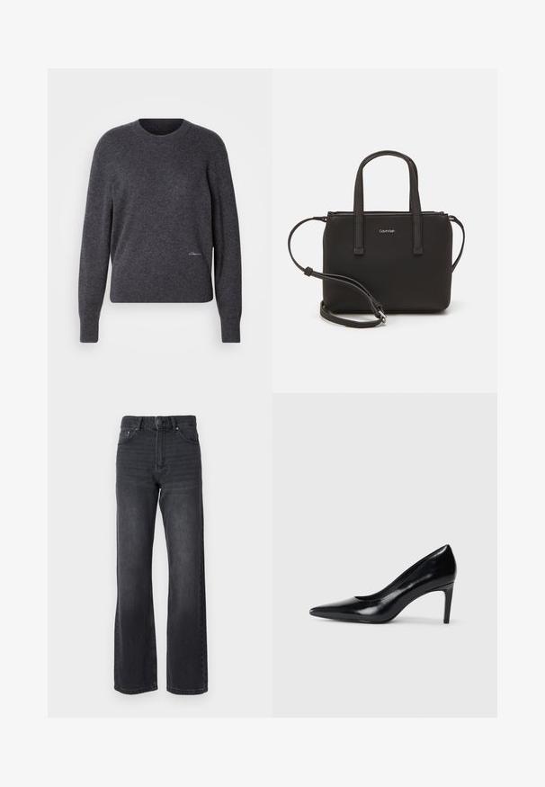 Temno siva pulover s krožnim izrezom, izdelan iz mehkega materiala. Ima dolge rokave, ribane manšete in diskreten detajl z logotipom na spodnjem delu spredaj.; Črne hlače z visokim pasom in ravnimi nogavicami, izdelane iz denima. Imajo pet žepov in subtilno bledenje po tkanini.; Črna usnjena črna čevlja na visokem petu z zašiljenim prstom, gladko teksturo in zoženim peto. Minimalističen dizajn, brez dodatnih okraskov.; Črna torbica z dvema kratkima ročajema in odstranljivim naramnim trakom. Gladek usnju podoben material z zadrgo in podrobnostmi z logotipom.