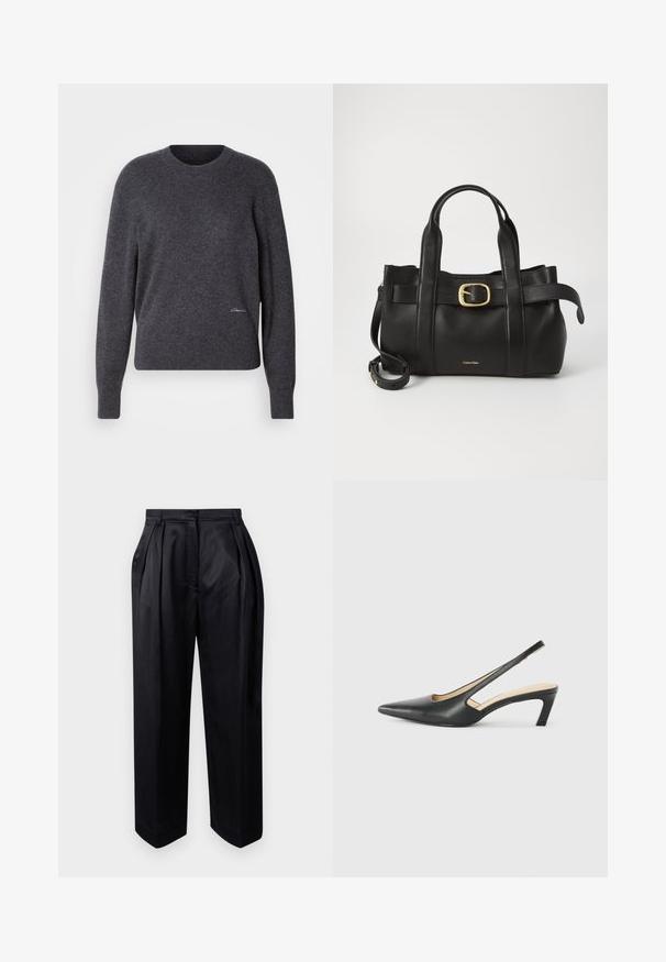 Mørkegrå crew-neck sweater lavet af blødt stof. Har lange ærmer, ribbede manchetter og en diskret logo-detalje på den nederste front.; Sort, højtaljede bukser lavet af glat stof, med pressede folder, brede ben og en lige pasform med en let tilspidset kant.; Sorte spidse slingback-sko med en lav hæl, lavet af glat læder og med udskæringer på siden for åndbarhed.; Sort læderhåndtaske med et struktureret design, dobbelte toppegreb, guldtonet spændeaccents og præget logo på forsiden.