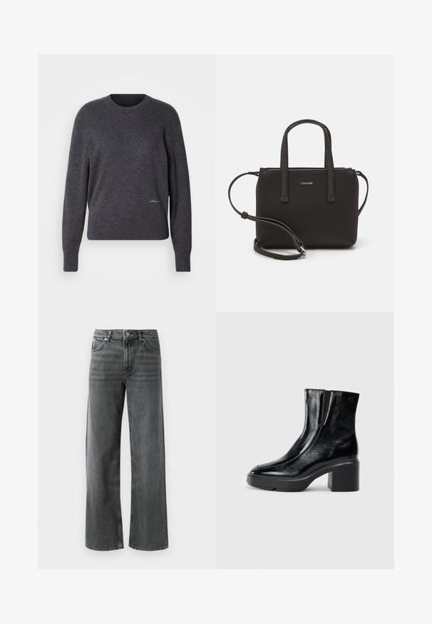 Tmavošedý sveter s okrúhlym výstrihom vyrobený z mäkkej látky. Obsahuje dlhé rukávy, rebrované manžety a jemný detail loga na dolnej časti predného dielu.; Široké čierne denimové džínsy s mierne vyblednutým povrchom, obsahujúce päť vreciek a zapínanie na gombík. Kontrastné stehy zvýrazňujú dizajn.; Čierne lakované členkové topánky s zakrivenou špičkou, elastickými bočnými panelmi a masívnym blokovým opätkom. S embosovaným logom na zadnej strane.; Čierna kabelka s dvojitými krátkymi rúčkami a odnímateľným ramenným popruhom. Hladký materiál podobný koži s uzatváraním na zips a detailom loga.