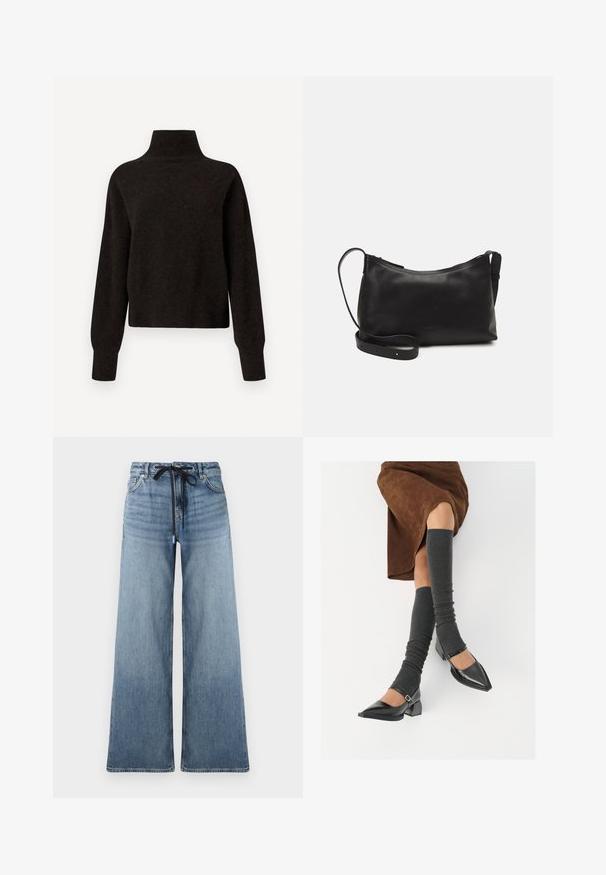 Crni pulover s visokim ovratnikom i dugim rukavima, s rebrastim manžetama i rubom, prikazan na bijeloj pozadini.; Široke traperice svijetloplave boje s izblijedjelim teksturom. Imaju podesivi struk s crnom vezicom i klasične džepove.; Crne lakirane cipele s šiljastim prstima, blok-petom i remenom oko gležnja, uparene s sivim rebrastim čarapama do koljena i smešnom suknjom od antilopa.; Crna kožna torba na rame s glatkom teksturom, zakrivljenim oblikom, podesivim remenom i zatvaranjem na patentni zatvarač. Minimalistički dizajn bez ukrasa.