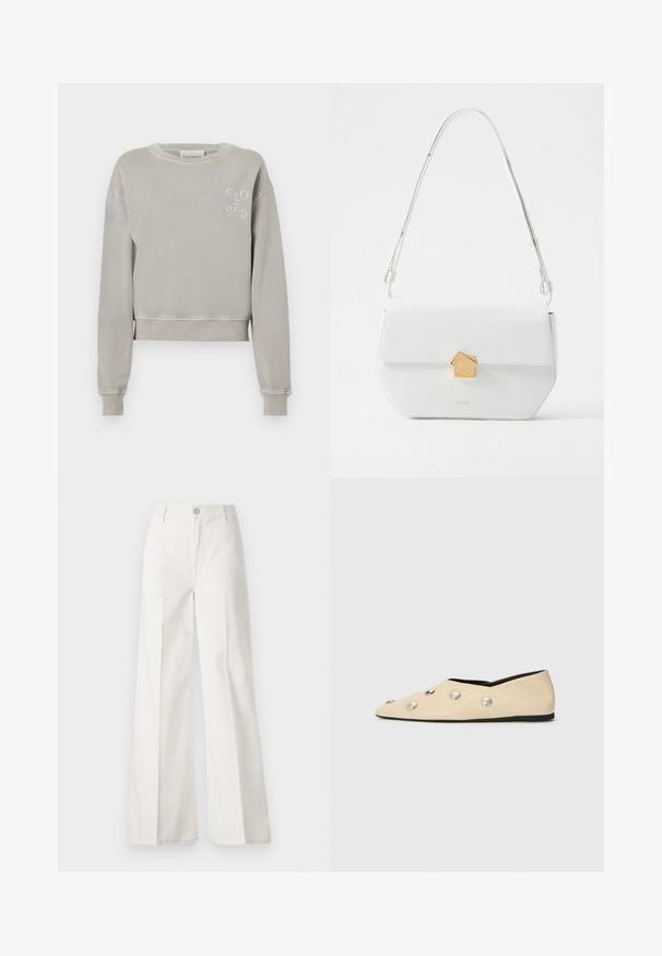 Sweatshirt court gris clair en coton doux avec des poignets côtelés, un col rond et un logo estampé "CLOSED" sur la poitrine.; Pantalons blancs à jambes larges en coton avec une texture douce. Comprend un bouton à l'avant, une fermeture éclair et un design à quatre poches.; CLOSED Ballerines - ecru; Sac à épaule en cuir blanc avec un fermoir géométrique doré, design plat et une sangle allongée. Présente des lignes épurées et une texture polie.
