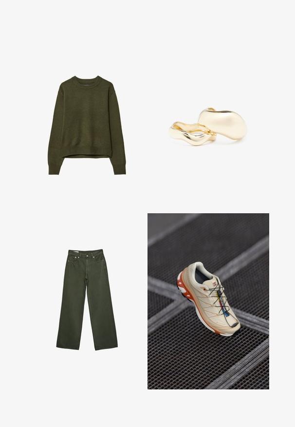 Zielonooliwkowy sweter z okrągłym dekoltem, z długimi rękawami oraz ściągaczami przy mankietach i dolnym końcu, wyeksponowany na białym tle.; Olive zielone spodnie o szerokich nogawkach z przodu z guzikami, zamkiem, szlufkami na pasek i pięcioma kieszeniami, prezentowane na białym tle.; Beżowe buty biegowe z pomarańczowymi akcentami, zaprojektowane z teksturowaną cholewką, czarną podeszwą i wbudowanymi sznurowadłami. Zawierają logo GORE-TEX.; Złote kolczyki o organicznym, fasolowym kształcie i gładkiej, refleksyjnej powierzchni; cechują się minimalistycznym designem bez widocznych elementów mocujących.
