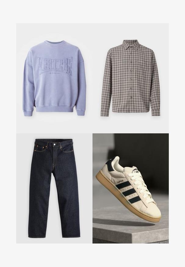 Sweatshirt purpuriu dintr-un material moale, cu text brodat "VERTERE" și "BERLIN." Mânecile și gâtul ribbate, cu o croială lejeră.; Cămașă cu carouri maronii și crem, cu guler tip button-down, mâneci lungi și nasturi în față; confecționată dintr-un material texturat.; Jeans de denim albastru închis, cu croială dreaptă, cinci buzunare, cusături contrastante de portocaliu și fermoar cu buton. Fără modele sau embellishments vizibile.; Adidași din suede bej cu trei dungi albastre închise, șireturi albe și o talpă din cauciuc bej. Prezintă un logo pe limba pantofului și textul "CAMPUS".