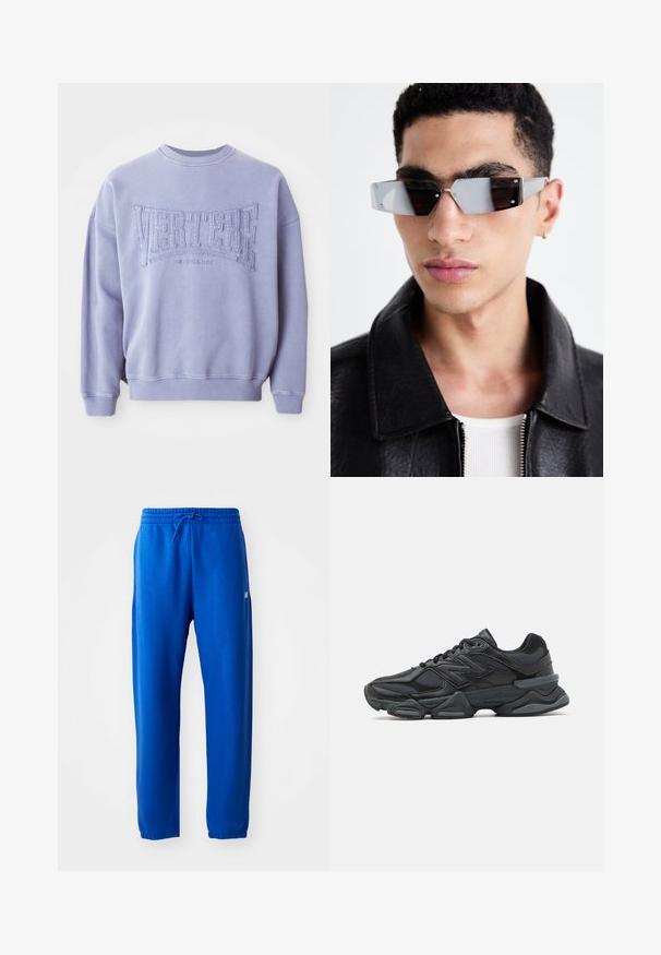 Lágy anyagból készült lila kapucnis pulóver, amelyen hímzett szöveg található: "VERTERE" és "BERLIN". Bordázott mandzsetták és nyakrésszel, lazább fazonban.; Kék sportnadrág puha anyagból, rugalmas derékkal és zsinórral, tapered lábakkal és egy kis logóval az oldalon.; Fekete futócipő, mely háló és szintetikus anyagok keverékéből készült, vastag talppal, ívelt kialakítással és hangsúlyos logóval az oldalon.; Szögletes, szürke árnyalatú napszemüveg ezüst díszítéssel, világos háttér előtt. A lencsék egyedi geometrikus formával rendelkeznek.