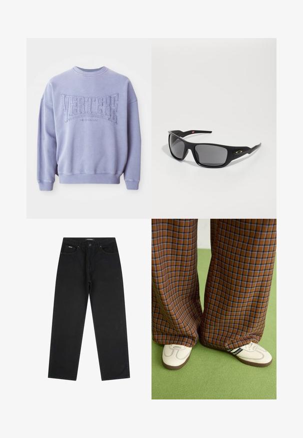 Vijolična kapuca iz mehkega materiala s šivanim napisom "VERTERE" in "BERLIN." Ribičaste manšete in ovratnik ter sproščen kroj.; Črne naravnost rezane kavbojke z gumbom in zadrgo spredaj, z zankami za pas in petimi žepi, položene na belo ozadje.; Rjave in modre kariraste hlače širokih nogavic, v kombinaciji z belimi čevlji, ki imajo črne poudarke in teksturirane podplate, na zeleni podlagi.; Črne sončne očala pravokotne oblike, narejene iz trdne plastike, z sivo toniranimi lečami in zlatim poudarkom ob strani.