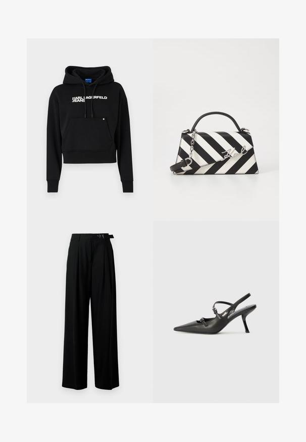 Juodas trumpas džemperis pagamintas iš minkštos medžiagos, su priekinėmis kišenėmis, odos raišteliu ir baltu tekstu "KARL LAGERFELD JEANS".; Juodos plačios kojų kelnės su aukštu liemeniu, priekinėmis klostėmis ir diržu su sagtimi. Pagamintos iš lygaus, lengvo audinio.; Juodi odiniai slingback kulniukai su smailiu pirštu, siauru kulnu ir dekoratyvine sagtimi viršuje. Lygus paviršius ir elegantiškas dizainas.; Juoda ir balta dryžuota rankinė su struktūrizuota forma, turinti viršutinę rankeną, nuimamą grandinėlės dirželį ir metalinį logotipo akcentą.
