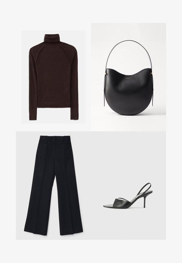 Brown turtleneck sweater made from soft material, featuring long raglan sleeves, ribbed cuffs and neck, with a subtle logo accent on the hem.; Black wide-leg trousers made of a smooth fabric, featuring a high waist, two back pockets, and subtle front pleats for added shape.; Black leather slingback heels with a pointed toe, thin ankle strap, and stiletto heel. Features a knotted detail on the vamp.; Black leather shoulder bag with a curved shape, thin handle, and subtle gold accents. Smooth texture with minimalistic design.