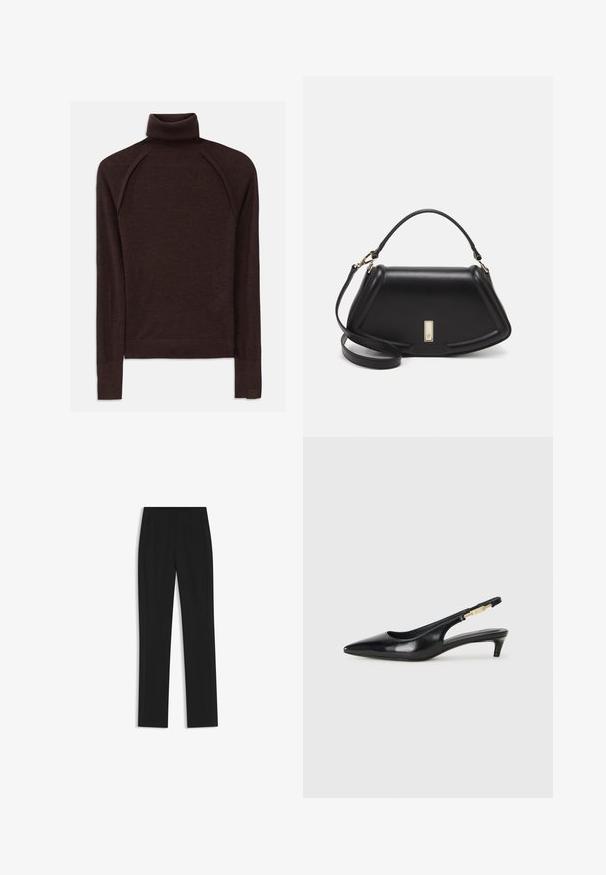 Brun polotröja gjord av mjukt material, med långa raglanärmar, ribbade muddar och krage, samt en diskret logotyp på fållen.; Svarta skräddarsydda byxor med rak bendesign, som har framfickor och ett slätt, strukturerat tyg. Prydlig, minimal detaljer.; Svart läder slingback-hälar med spetsig tå, med en smal klack och en guldtonad detalj på den justerbara remmen. Slät textur.; Svart läderhandväska med en strukturerad design, som har en avskuren form, ett handtag upptill och guldiga detaljer. Justerbar axelrem ingår.