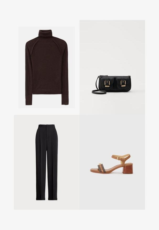 Brun polotröja gjord av mjukt material, med långa raglanärmar, ribbade muddar och krage, samt en diskret logotyp på fållen.; Svarta skräddarsydda byxor med hög midja, med veck framtill, rak bendesign och uppvikte nederdelar. Tillverkade av ett slätt tyg.; Tan hälställda sandaler med fyrkantig tå, två mörkbruna remmar och en guldbuckle. Har en staplad blockklack och slät läderyta.; Svart läderaxelväska med två framfickor, guldspännen, dragkedjestängning och en smal rem. Texturerad yta och kompakt rektangulär form.