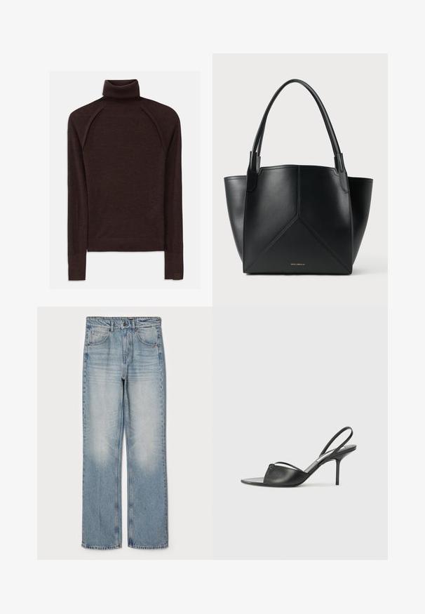 Brauner Rollkragenpullover aus weichem Material, mit langen Raglanärmeln, gerippten Bündchen und Kragen, und einem dezenten Logo-Akzent am Saum.; Helleblaue Denim-Jeans mit geradem Schnitt, hoher Taille, fünf Taschen und dezentem Verblassen an Oberschenkeln und Knien.; Schwarze Leder-Slingback-Pumps mit spitzem Zehenbereich, dünnem Knöchelriemen und Stiletto-Absatz. Verfügt über ein geknotetes Detail auf dem Blatt.; Schwarze Ledertasche mit geometrischem Design, ausgestattet mit zwei Griffen und goldfarbener Markierung auf der Vorderseite. Glatte Textur und strukturierte Form.