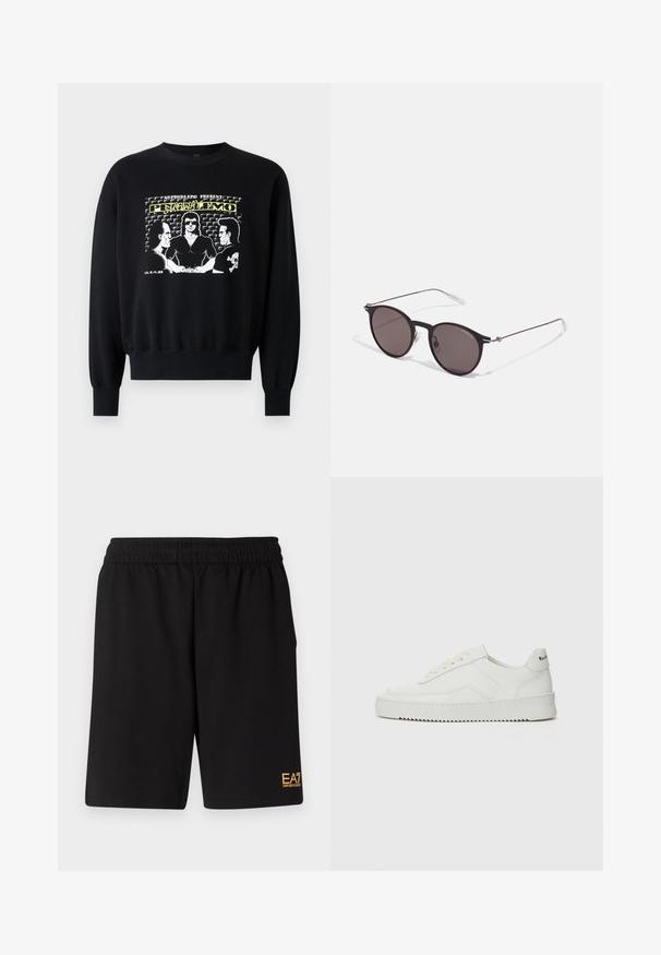 Sudadera negra de manga larga con puños acanalados. El gráfico frontal presenta tres figuras en un diseño retro con acentos en texto amarillo y blanco.; Pantalones cortos deportivos negros de tejido suave, con una cintura elástica y un pequeño logo amarillo de EA7 en la parte inferior de la pierna izquierda.; Zapatilla de cuero blanca con un acabado suave, puntera redonda, cordones planos y suela texturizada. Cuenta con un sutil logo en el talón.; Gafas de sol redondas negras con lentes oscuros y brazos metálicos delgados. Incluye puntas de varilla transparentes y acentos plateados en la bisagra. Diseño minimalista.