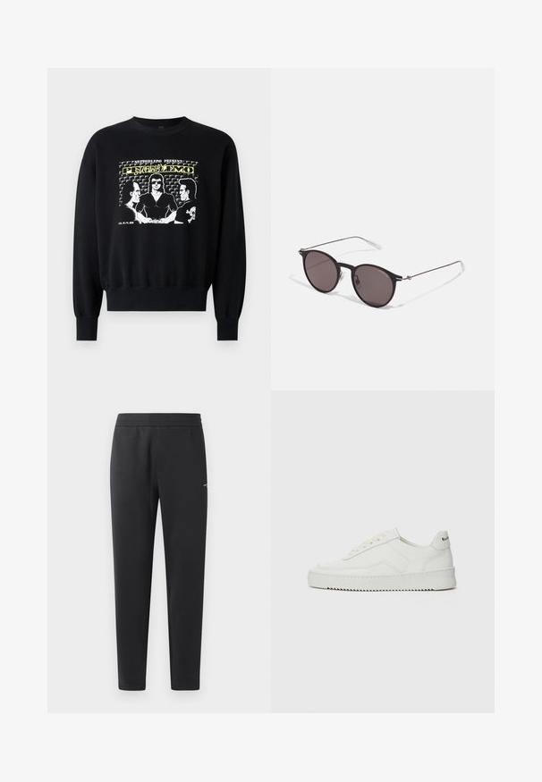 Svart hettegenser med lange ermer og ribbestrikkede mansjetter. Frontgrafikken viser tre figurer i en retrodesign med gule og hvite tekstakenter.; Sorte joggebukser laget av myk stoff, med elastisk midjebånd, rette ben og en liten logo detalj på siden.; Hvite lærersneakers med en jevn overflate, rund tå, flate lisser og en teksturert såle. Har en subtil logo på hælen.; Sorte, runde solbriller med mørke linser og slanke metalarmer. Inkluderer klare temple tips og sølvfargede detaljer ved hengslet. Minimalistisk design.