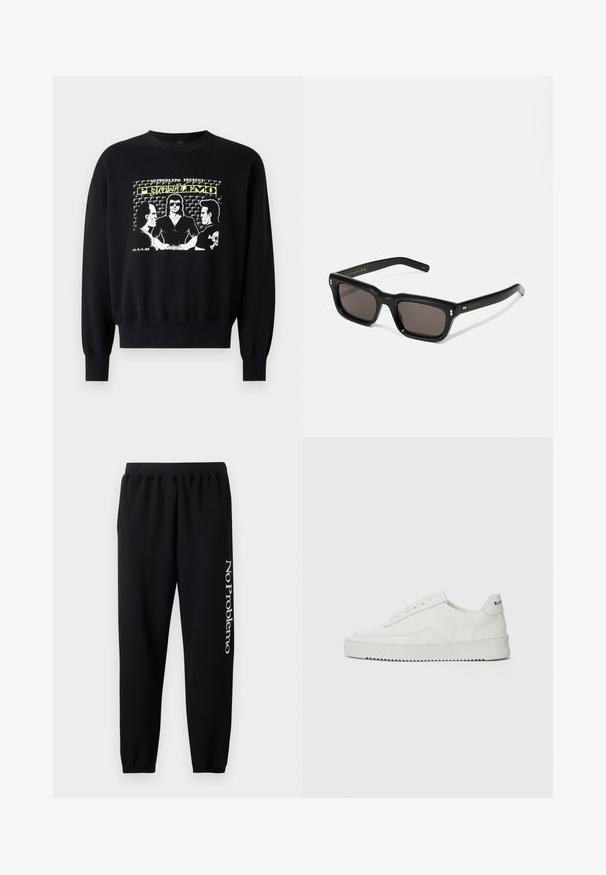 Sudadera negra de manga larga con puños acanalados. El gráfico frontal presenta tres figuras en un diseño retro con acentos en texto amarillo y blanco.; Pantalones de chándal negros con una cinturilla elástica, tobillos ajustados y el texto blanco "No Problemo" impreso en la pierna izquierda. Material de algodón suave.; Zapatilla de cuero blanca con un acabado suave, puntera redonda, cordones planos y suela texturizada. Cuenta con un sutil logo en el talón.; Gafas de sol rectangulares negras con lentes oscuros, marco de plástico grueso, acentos dorados en las patillas y logotipo de la marca grabado en el brazo.