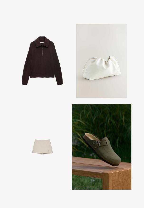 Smešani smeđi pleteni pulover širokog ovratnika, s polu-zip zatvaranjem sprijeda i spuštenim ramenima. Ima rebrastu teksturu i skraćenu dužinu.; Bež ženski šort sa blagim prednjim prorezom i pričvršćenim šortsem ispod, prikazan na bijeloj pozadini.; Zeleni antilop klompe slip-on s okruglim vrhom, podesivom metalnom kopčom i oblikovanim korkovim uloškom. Teksturirana potplata na drvenoj površini.; Bijela torba od umjetne kože s nabranim dizajnom, zatvaranjem na vezicu i glatkom teksturom. Kružni oblik s mekanim naborima i minimalnim hardverom.