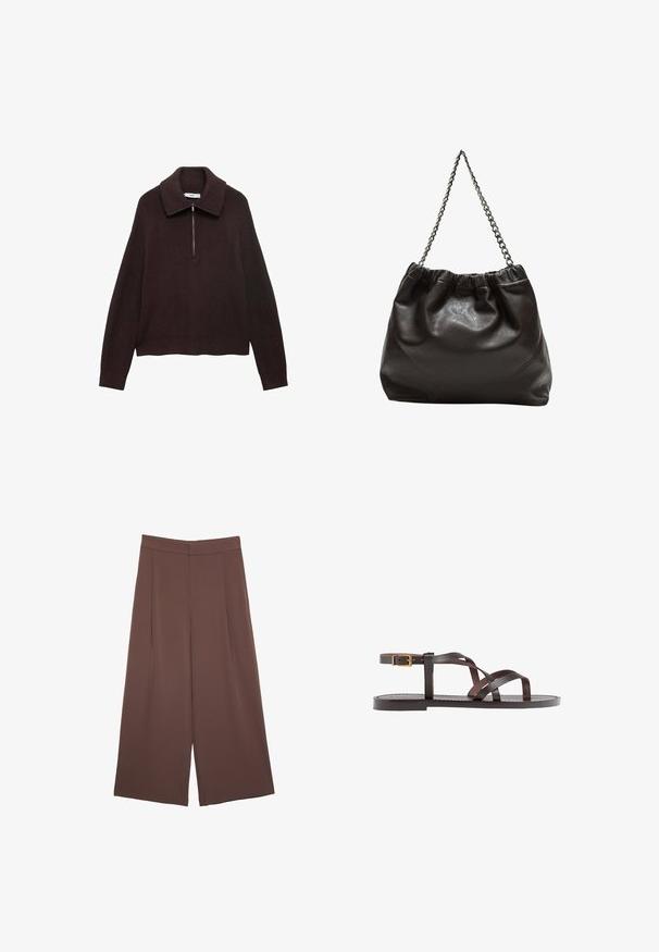 Ruskea neulepusero, jossa on leveä kaulus, puolivetoketju edessä ja pudotetut olkapäät. Puserossa on ribbikuvio ja se on lyhyt.; Ruskeat leveälahkeiset housut, joissa on sileä pinta, korkea vyötärö ja etupleat. Kangas on kevyttä ja laskeutuu väljänä.; Ruske kožne sandale s križnim trakama, zatvaranjem na kopču oko gležnja i ravnim potplatom s minimalnim detaljima šivanja.; Ruskea nahkainen laukku, jossa on kerätty yläosa ja ketjuhihna. Tasainen pinta, jossa kiiltävä viimeistely ja hienovaraiset sauman yksityiskohdat sivuilla.