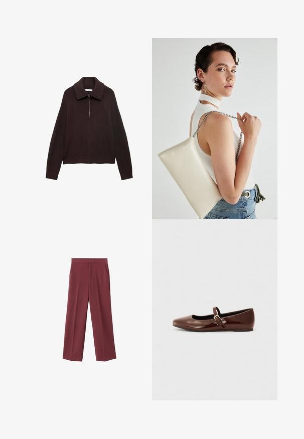 Brown knit sweater with a wide collar, half-zip front, and dropped shoulders. Features a ribbed texture and cropped length.; Maroon wide-leg trousers with a smooth texture, featuring side pockets and a high waist design. Tailored with a clean front crease.; Brown patent leather ballet flat with a square toe and strap featuring a small gold buckle. Smooth texture, low heel, and minimalist design.; White rectangular clutch bag made of glossy material, featuring a silver chain strap. Model poses, showcasing the bag against a plain background.