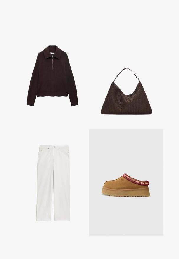 Hnědý pletený svetr s širokým límcem, uzávěrem na půl-zip v přední části a spadlými rameny. Má strukturu s žebrovaným vzorem a zkrácenou délku.; Bílé džíny z denimu se střihovým designem rovného nohavice, obsahující přední kapsy a kovové knoflíkové detaily. Hladký povrch s minimem prošití.; Hnědé semišové slip-on boty s červeným a krémovým vzorovaným lemem, texturovanou podrážkou a logem UGG po straně. Obsahují mírnou výšku platformy.; Hnědá pletená kožená kabelka s uvolněným trojúhelníkovým tvarem. Disponuje spleteným uchem a zipovým uzavíráním na vrchu.