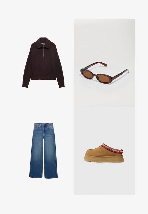 Smešani smeđi pleteni pulover širokog ovratnika, s polu-zip zatvaranjem sprijeda i spuštenim ramenima. Ima rebrastu teksturu i skraćenu dužinu.; Široke plave traperice od denima, visokog struka, sa šivanim detaljima i jednostavnim dizajnom s blagim efektom izbljeđivanja.; Smeđe zamšaste cipele na sklizanje s crveno-cream uzorkom oko ruba, teksturiranim potplatom i UGG logom sa strane. Imaju blagu platformu.; Okvir okruglih, smeđkastih sunčanih naočala s sjajnim burgundskim okvirom. Uski nositelji s suptilnim brendiranjem. Ravna leća.; Smeškan smeđi kožni torbica u obliku trokuta. Ima pletenu ručku i patentni zatvarač na vrhu.