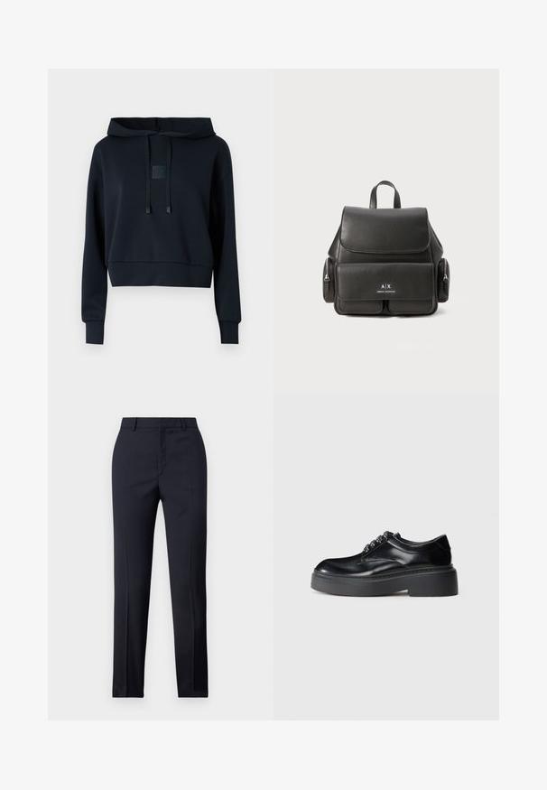 Hoodie cropped blu navy con cappuccio regolabile, dettagli neri e patch del logo sulla parte anteriore. Realizzato in un tessuto liscio e morbido.; Pantaloni tailored blu navy a gamba dritta, caratterizzati da una texture liscia, due tasche frontali e una vita pulita.; Scarpe in pelle nera con punta rotonda, suola piatta spessa e dettagli in pizzo decorativo. Texture liscia con cuciture a contrasto visibili.; Zaino in pelle nera con chiusura a pattina, tasca frontale, scomparti laterali con cerniera e manico superiore. Presenta dettagli con logo sul fronte.