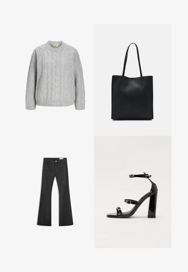 Világosszürke, kötött pulóver kerek nyakkal, hosszú ujjal, bordás mandzsettával és aljjal. Texturált minta kiemelkedő öltésekkel.; Fekete, sima textúrájú farmer flare nadrág, két hátsó zsebbel és gombos derékkal.; Fekete lakk magas sarkú szandál négyzet alakú orral, bokapántokkal és ezüst csatokat tartalmaz. Masszív blokk sarka a stabilitásért felel.; Fekete bőrtáska sima felszínnel, téglalap alakú, két hosszú füllel. Nincs látható fémkiegészítő vagy díszítés.