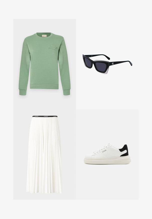 Svetlá zelená mikina vyrobená z bavlny, má rebrovaný výstrih a manžety, s vyšívaným logom na hrudi.; Plisovaná biela sukňa s čiernym elastickým pásom s logom "LACOSTE". Sukňa je stredne dlhá a má mäkkú textúru.; Biele kožené tenisky s hrubou bielou podrážkou, čiernym zamekom na päte a vyrazeným logom na boku. Šnurovací dizajn so šiestimi očkami.; Čierne oversized slnečné okuliare s geometrickým tvarom, s tmavými šošovkami a kontrastným šedým detailom na ráme. Logo na mostíku.