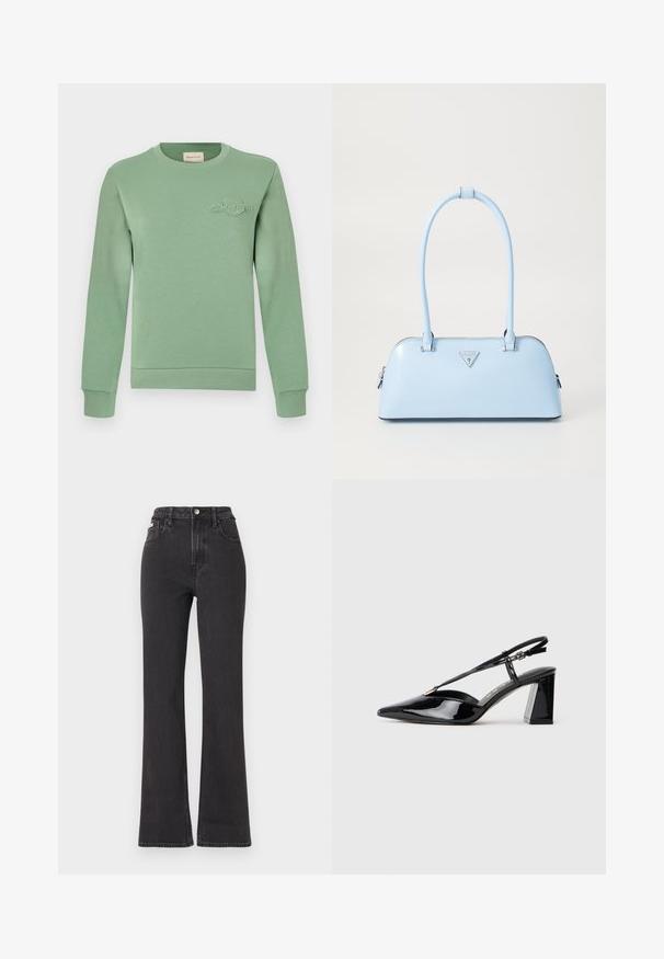 Sweatshirt verde-claro feito de material de algodão, com um decote e punhos canelados, apresentando um detalhe do logótipo bordado no peito.; Jeans flared pretos de cintura alta feitos de denim, com fecho de botão, passadores para cinto e bolsos laterais. Textura suave com desbotamento mínimo.; Sapatos de salto alto em couro verniz preto, com biqueira pontiaguda, tira ajustável e salto retangular robusto.; Bolsa de mão azul claro com uma forma estruturada, material de couro suave, duas alças e um logótipos triangular na parte da frente. Fecho com zíper.