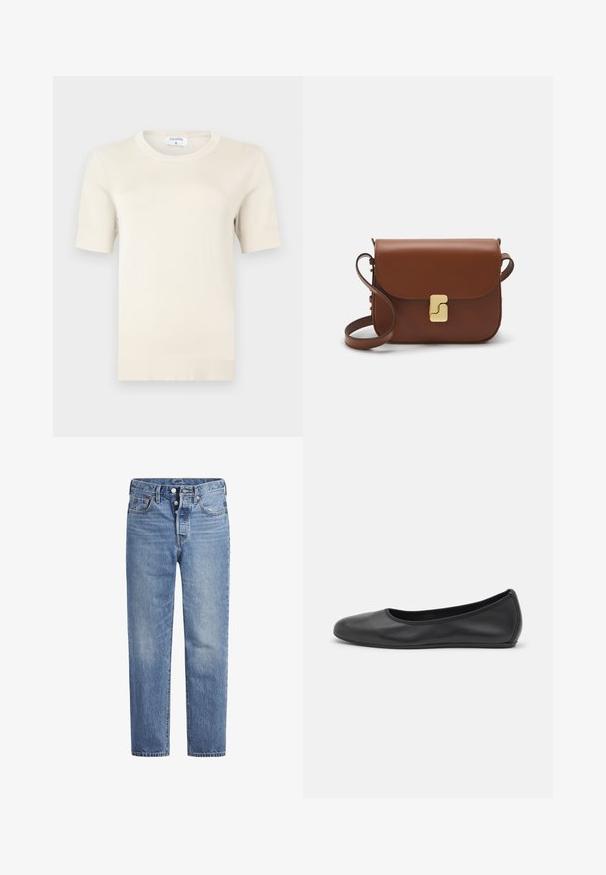 Miękki, krótki sweter z dzianiny w kremowym kolorze, z okrągłym dekoltem. Posiada prążkowany dół i mankiety, wykonany z lekkiego materiału.; Jasnoniebieskie jeansy denimowe o prostym kroju, z pięcioma kieszeniami i zapięciem na guziki. Charakteryzują się delikatnym wyblaknięciem oraz pomarańczowymi przeszyciami.; Czarne skórzane baletki z zaokrąglonym noskiem, gładką fakturą, minimalnymi przeszyciami i elastycznym designem podeszwy.; Brązowa skórzana torebka na ramię z klapką, złotymi detalami, paskiem na ramię i gładką teksturą. Kompaktowy prostokątny kształt.